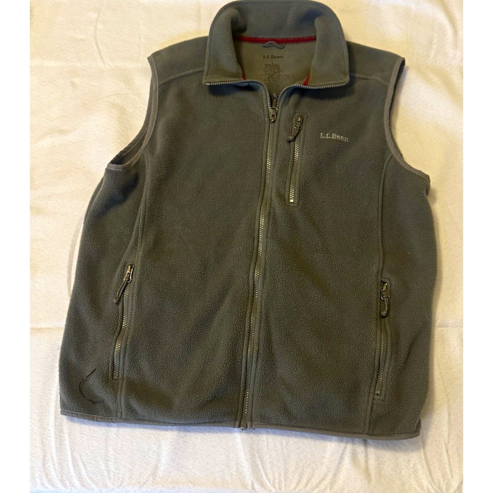 L.L.Bean Men's Gray Fleece Vest L Full Zip Pockets Stand-Up Collar Logo
